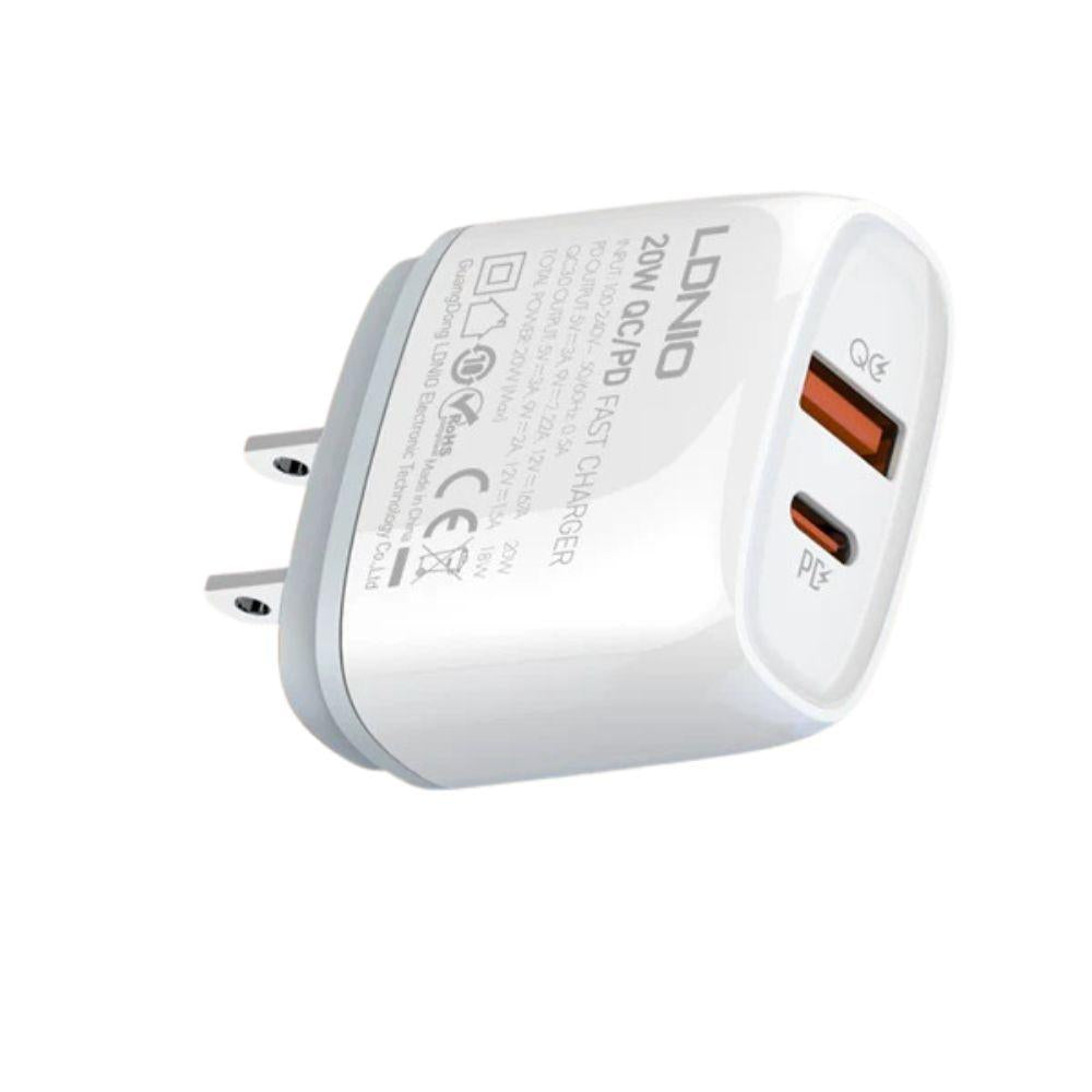 LDNIO Q229 20W PD + QC3.0 Fast Charger – USB-C & USB-A Dual Port, 100-240V Travel Plug, Fireproof Shell