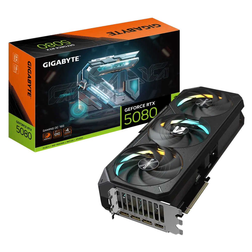 بطاقة رسومات Gigabyte RTX 5080 Gaming OC 16G - ذاكرة GDDR7 سعة 16 جيجابايت، PCIe 5.0، سرعة 2730 ميجاهرتز، نظام WINDFORCE ثلاثي المراوح، نظام BIOS مزدوج