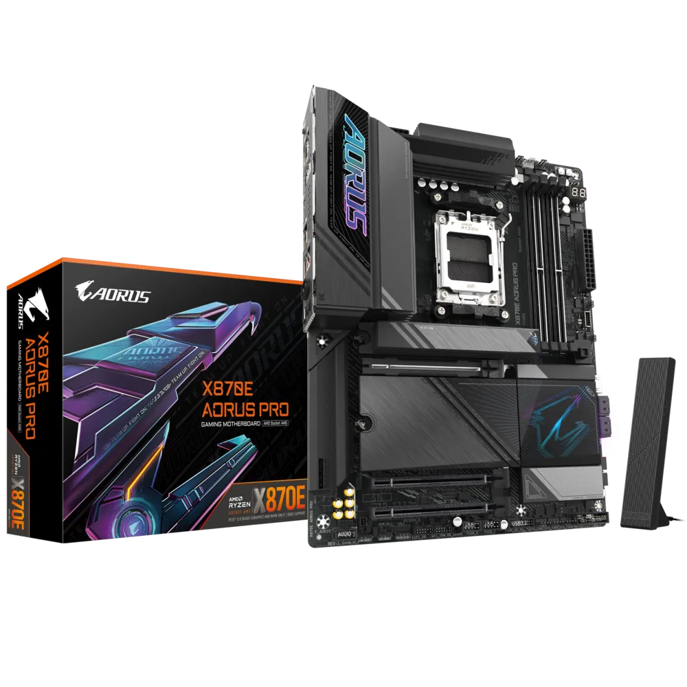 اللوحة الأم GIGABYTE X870E AORUS PRO ATX – AMD AM5، DDR5، PCIe 5.0، أربع فتحات M.2، USB4، Wi-Fi 7، شبكة 2.5GbE، EZ-Latch، Smart Fan 6