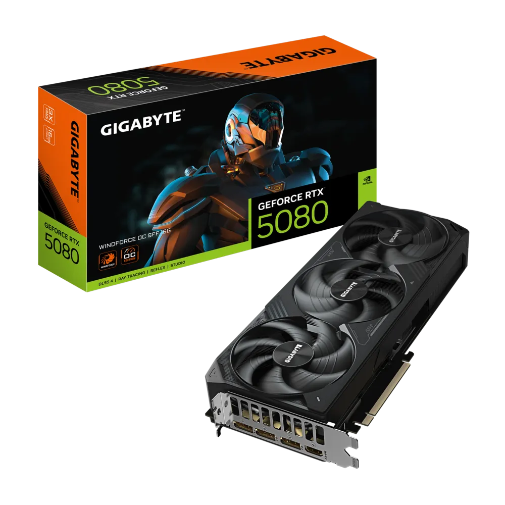 Gigabyte GeForce RTX 5080 WINDFORCE OC SFF 16 GB – Blackwell GPU, 2,670 MHz Boost, 16 GB GDDR7, PCIe 5.0, Triple fans, SFF-Ready