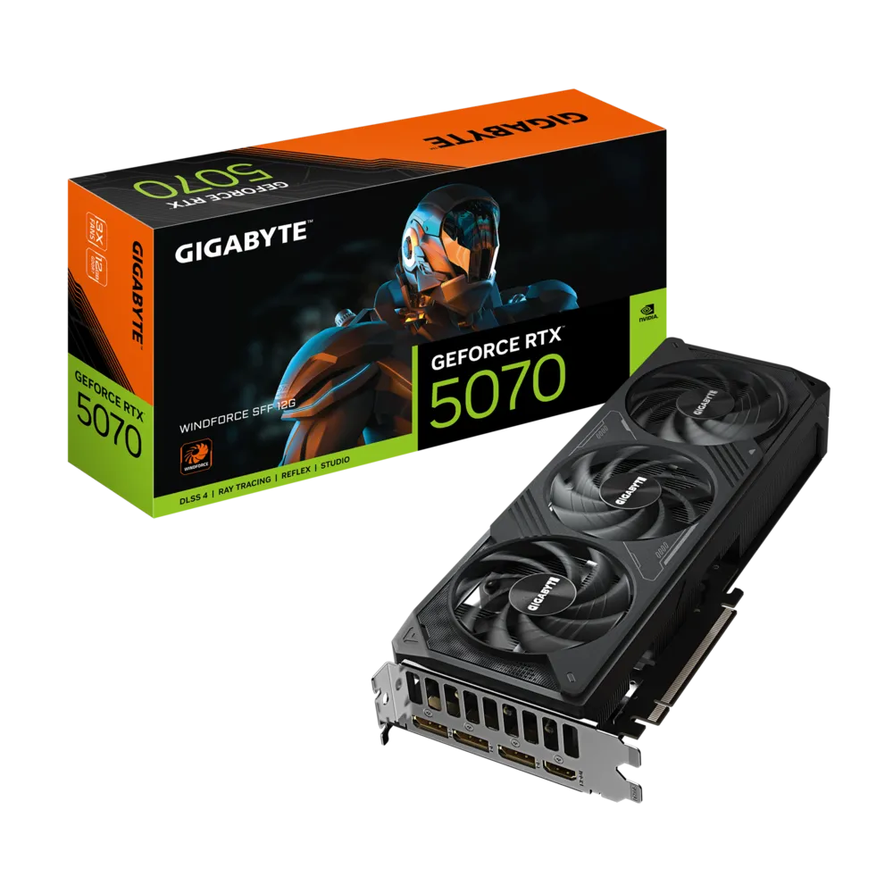 GIGABYTE GeForce RTX 5070 WINDFORCE SFF 12G – 12 GB GDDR7, 192‑bit, PCIe 5.0, DLSS 4, 3×DP 2.1b + HDMI 2.1b, Compact SFF Cooling System