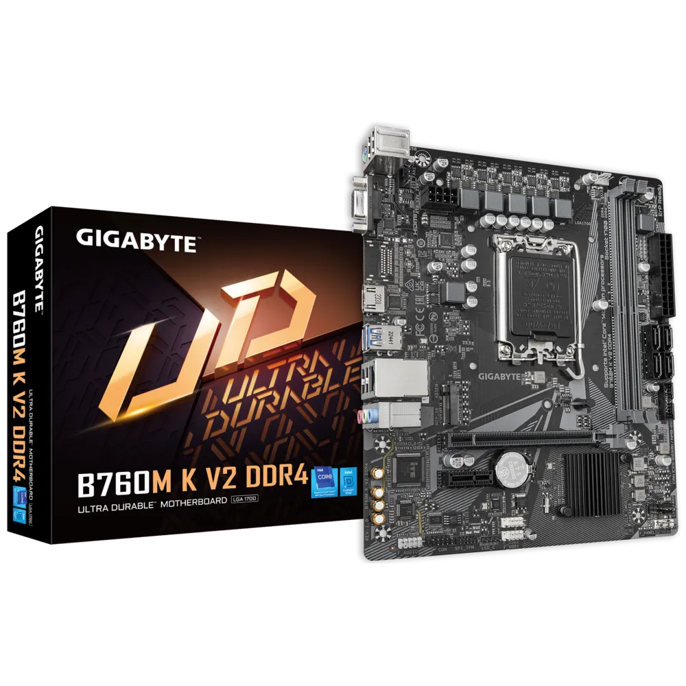 لوحة أم GIGABYTE B760M K V2 DDR4 Micro-ATX - مجموعة شرائح Intel B760، مقبس LGA1700، وحدتا ذاكرة DDR4 DIMM، PCIe 4.0، شبكة LAN GbE، تقنية Smart Fan 6