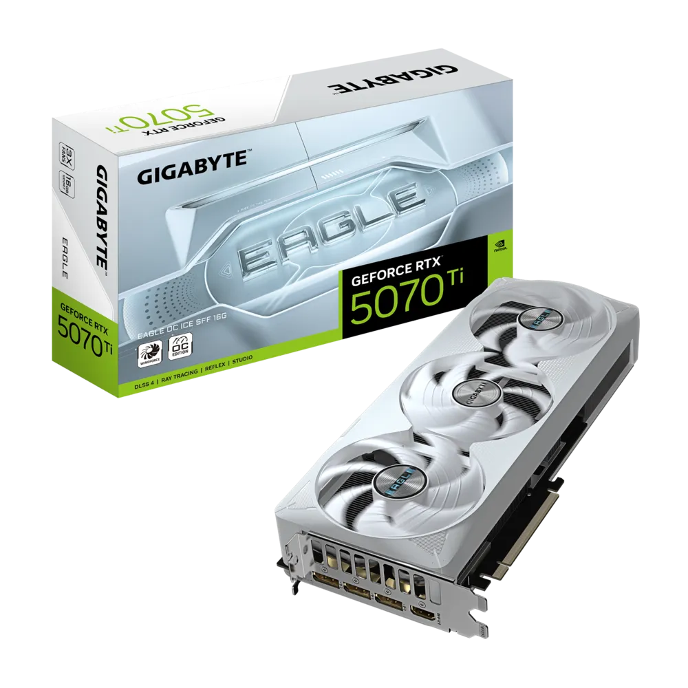 بطاقة GIGABYTE RTX 5070 Ti EAGLE OC ICE - ذاكرة GDDR7 سعة 16 جيجابايت، وتردد 2542 ميجاهرتز، ومنفذ PCIe 5.0، وتبريد WINDFORCE، و3 منافذ DP2.1b وHDMI2.1b، ونظام BIOS مزدوج، وجاهزة لـ SFF
