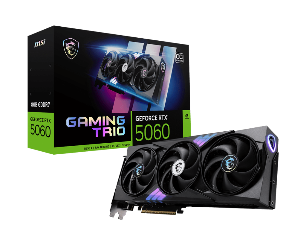 MSI GeForce RTX 5060 8 GB GAMING TRIO OC – Blackwell GPU, 3,840 CUDA Cores, 28 Gbps GDDR7, 2640 MHz Boost, 3× DP 2.1b, HDMI 2.1b, Tri-Frozr 4 Cooler