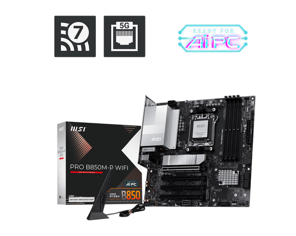 لوحة أم MSI PRO B850M-P WIFI Micro-ATX - AM5، DDR5‑8200+ OC، PCIe 5.0 x16، 3× M.2 (1× Gen5)، شبكة LAN 5 GbE، Wi‑Fi 7، USB4، HDMI 2.1