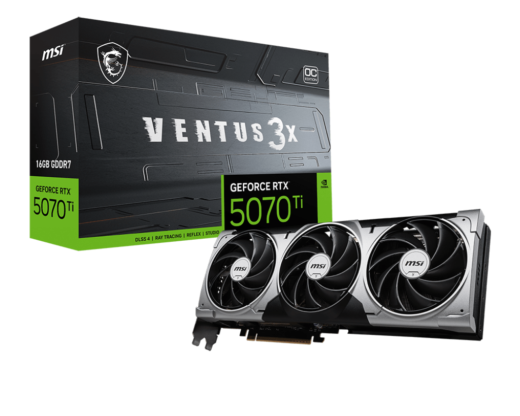 MSI GeForce RTX 5070 Ti 16 GB VENTUS 3X OC – NVIDIA Blackwell, 8960 CUDA Cores, 2497 MHz Boost, 28 Gbps GDDR7, PCIe 5.0, Triple-Fan Cooling