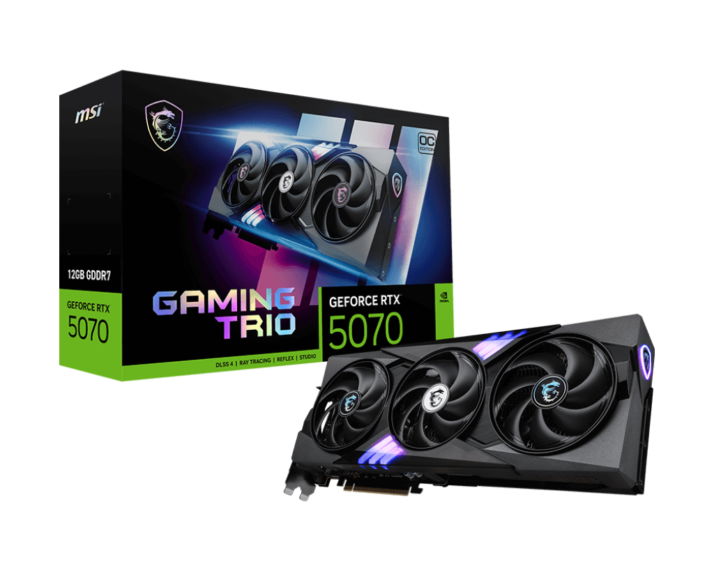 بطاقة رسومات MSI GeForce RTX 5070 12G GAMING TRIO OC - ذاكرة GDDR7 سعة 12 جيجابايت، PCIe 5.0، 6144 نواة، سرعة 2625 ميجاهرتز، 28 جيجابت في الثانية، DLSS 4، HDMI 2.1b، DP 2.1b