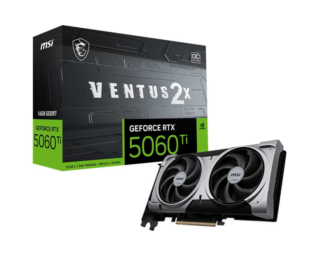MSI GeForce RTX 5060 Ti 16 GB VENTUS 2X OC PLUS – NVIDIA Blackwell, 4608 CUDA Cores, 2617 MHz Boost, 28 Gbps GDDR7, PCIe 5.0, Dual-Fan Cooling