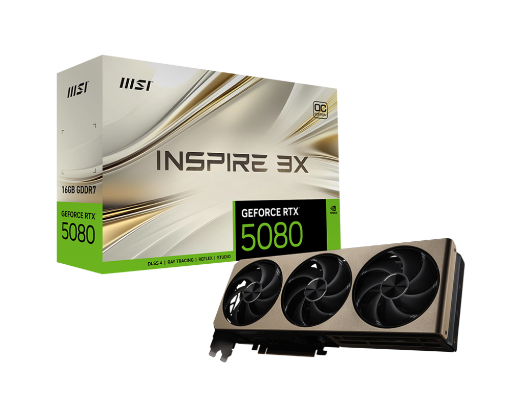 MSI GeForce RTX 5080 INSPIRE 3X OC – 16 GB GDDR7, 10752 CUDA, Triple StormForce Fans, PCIe 5.0, 360W TGP