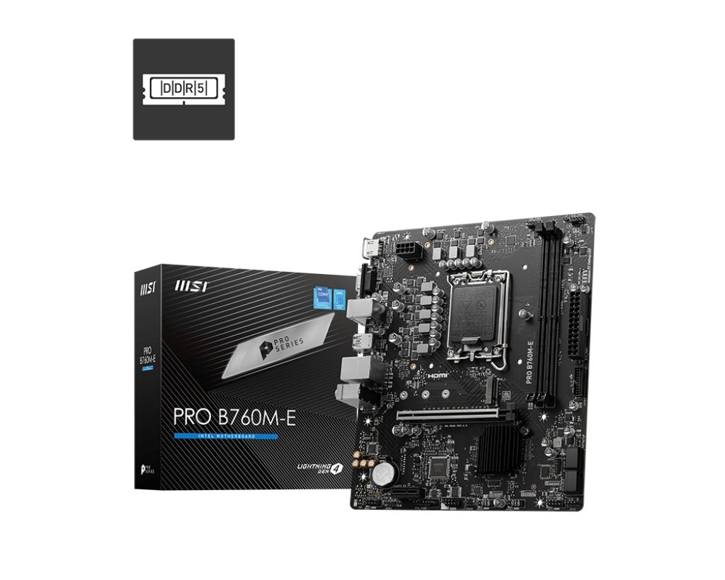 لوحة أم MSI PRO B760M-E DDR4 Micro-ATX - LGA1700، Intel B760، DDR4-5333+ OC، PCIe 4.0 x16، HDMI، VGA، USB-C، تصميم طاقة 6+2+1 طور