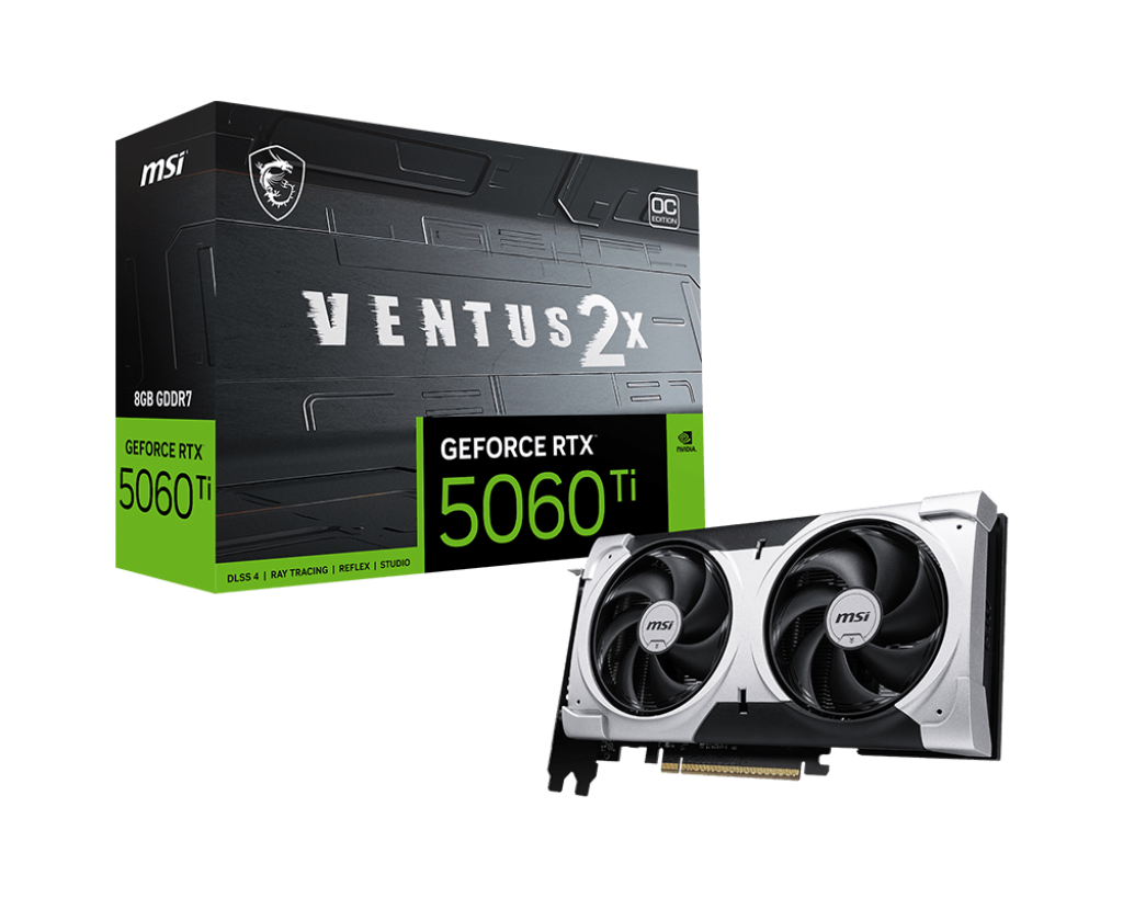 بطاقة رسومات MSI GeForce RTX 5060 Ti سعة 8 جيجابايت GDDR7 VENTUS 2X OC PLUS - 4608 CUDA، 2600 ميجاهرتز Boost، PCIe 5.0، DP 2.1b × 3، HDMI 2.1b، تبريد Stormforce ثنائي المروحة
