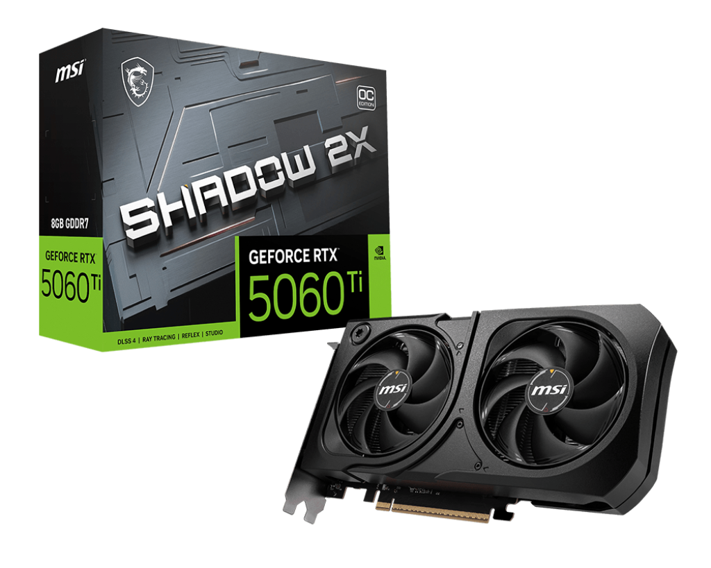 MSI GeForce RTX 5060 Ti 8G SHADOW 2X OC PLUS – NVIDIA Blackwell, 8GB GDDR7, 4608 CUDA Cores, 2617 MHz Boost, HDMI 2.1b, DisplayPort 2.1b, PCIe 5.0