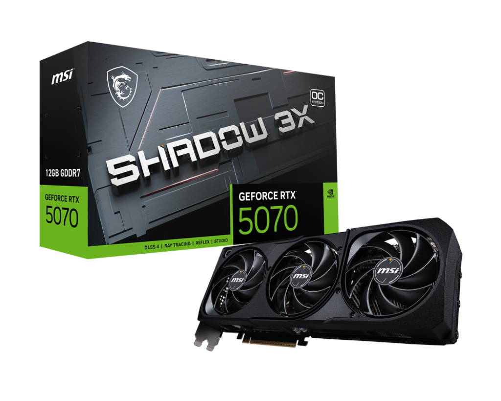 MSI GeForce RTX 5070 12 GB SHADOW 3X OC – NVIDIA Blackwell, 6144 CUDA Cores, 2557 MHz Boost, 28 Gbps GDDR7, PCIe 5.0, Triple-Fan Cooling