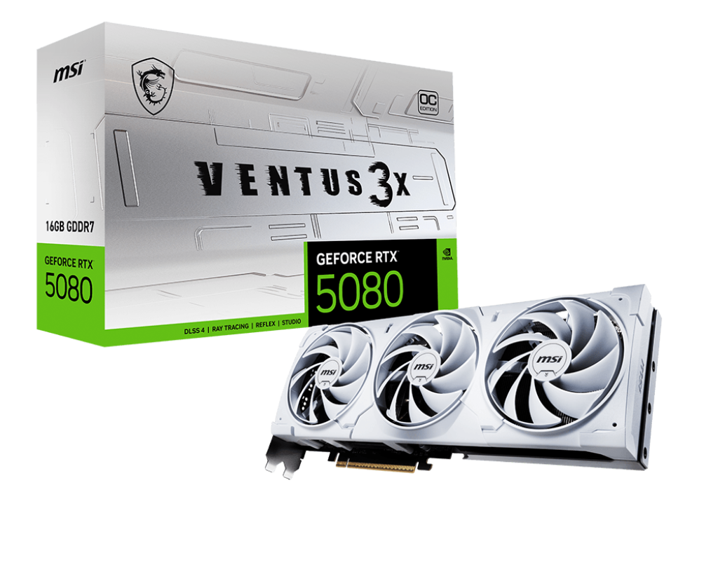 MSI RTX 5080 16G VENTUS 3X OC WHITE – 16 GB GDDR7, PCIe 5.0, Triple-Fan Design, 303 mm Card, DisplayPort 2.1b + HDMI 2.1b