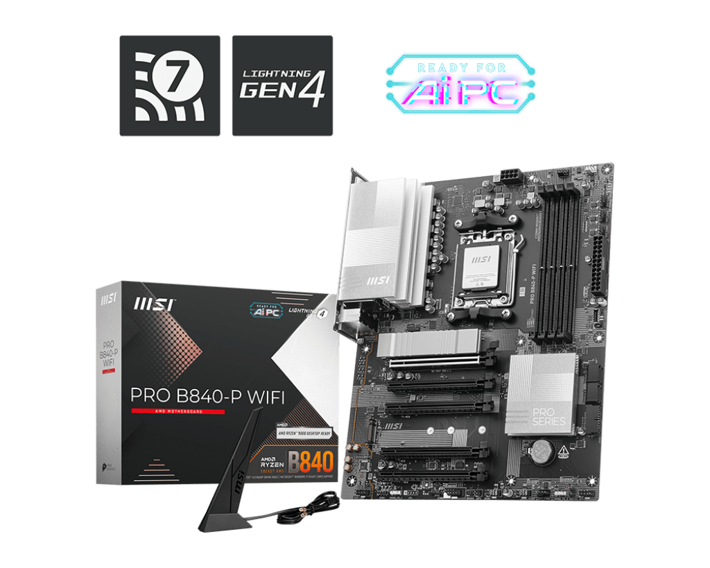 لوحة أم MSI PRO B840‑P WIFI ATX - AMD B840، AM5، DDR5‑8000 OC، PCIe 4.0، Dual M.2 Gen4 Shield Frozr II، Wi‑Fi 7، 2.5 جيجابايت LAN، صوت ALC897
