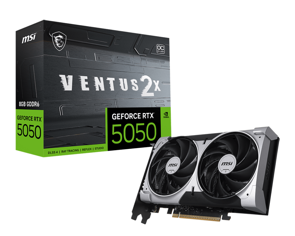 MSI GeForce RTX 5050 8 GB VENTUS 2X OC – NVIDIA Blackwell, 2560 CUDA Cores, 2617 MHz Boost, 20 Gbps GDDR6, 3× DP 2.1b, HDMI 2.1b, PCIe 5.0, 130 W TDP