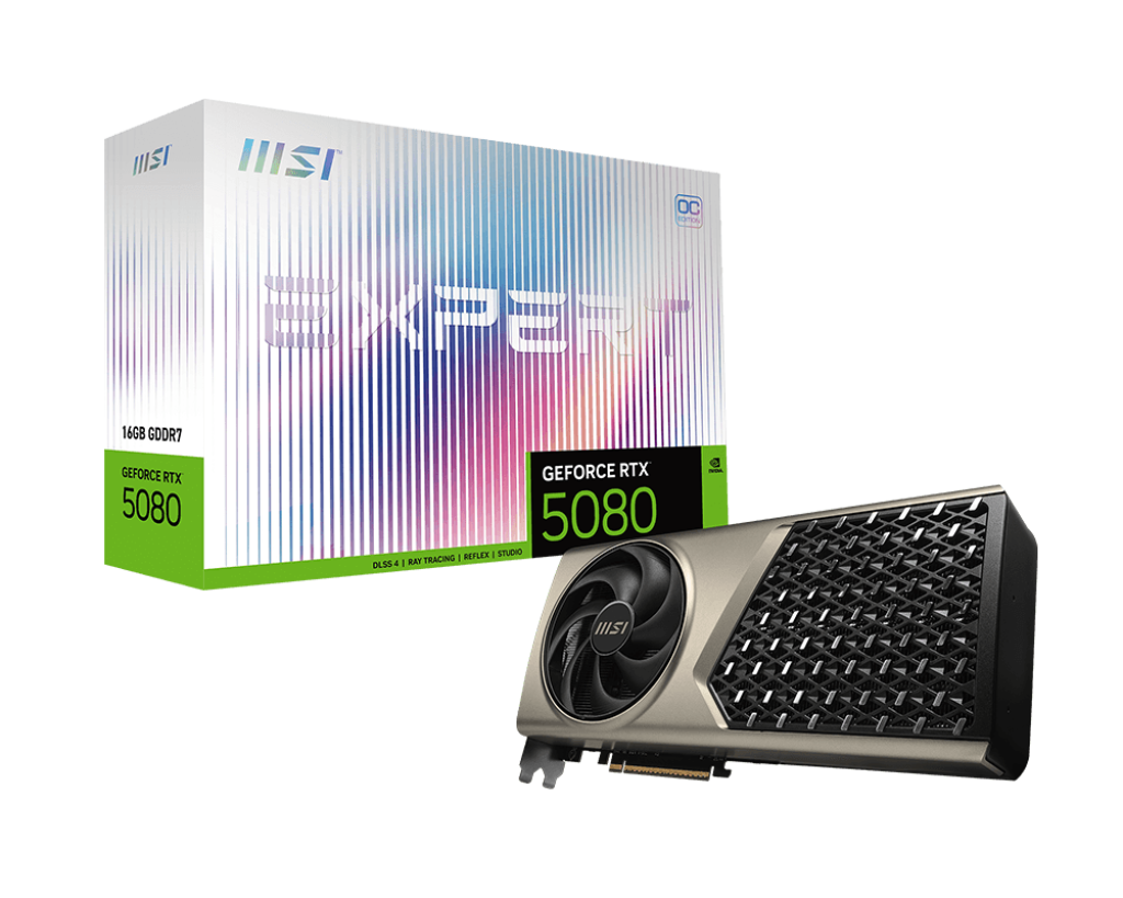 MSI GeForce RTX 5080 16 GB EXPERT OC – NVIDIA Blackwell, 10,752 CUDA Cores, 2730 MHz Boost, 30 Gbps GDDR7, PCIe 5.0, Dual-Fan Cooling