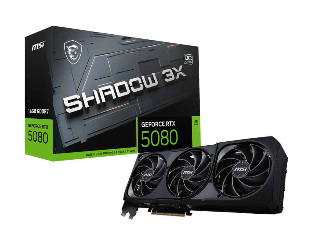 MSI GeForce RTX 5080 16 GB SHADOW 3X OC – Blackwell GPU, 10,752 CUDA Cores, 2.64 GHz Boost, 30 Gbps GDDR7, PCIe 5.0, Triple Fan Cooling