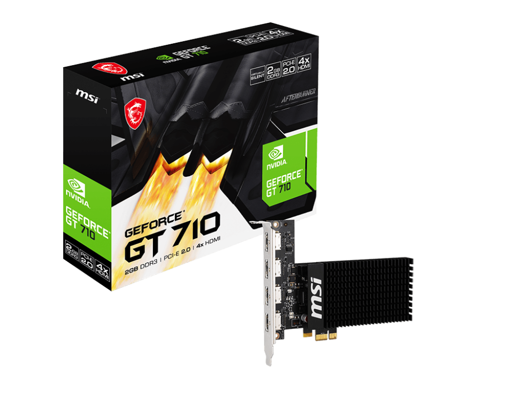 MSI GeForce GT 710 2GD3H LP – NVIDIA GT 710, 2 GB DDR3, PCIe 2.0 x16 (x8), 954 MHz, HDMI 4K@30 Hz, DVI‑D, VGA, Silent Low‑Profile Design