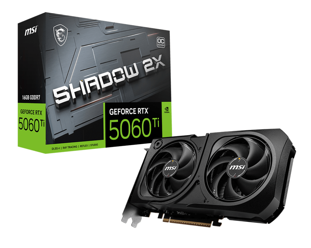 MSI GeForce RTX 5060 Ti 16G SHADOW 2X OC PLUS – 16 GB GDDR7, 4608 CUDA Cores, Boost 2602 MHz, Dual Fans, PCIe 5.0, 3× DP 2.1b