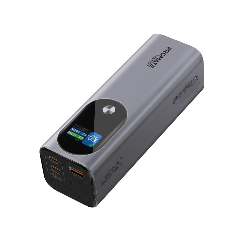 Promate 27600mAH Power Bank, Super-Slim 160W with Smart TFT LCD Display, Durable Metal Made, Over Charge Protection for USB-C™ and USB-A™ Devices.
