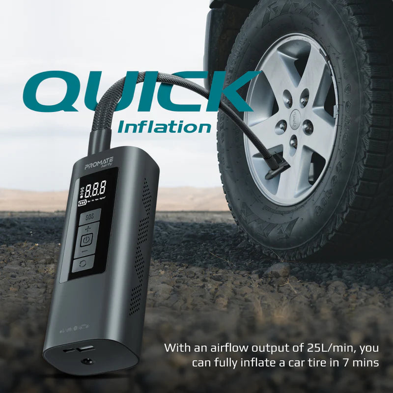 Promate Aerify 150 PSI Portable Air Compressor & Power Bank – 6,000 mAh Battery, 25 L/min Airflow, LED Light