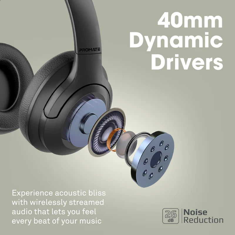 Promate Concord ANC Wireless Headphones – 27h Playback, 40 mm Drivers, USB-C