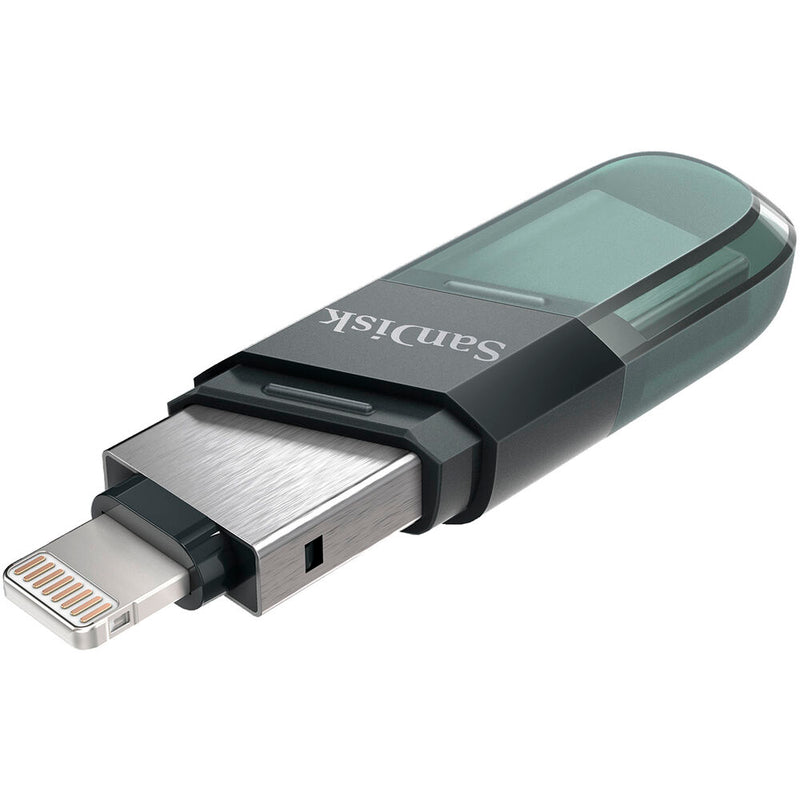 محرك أقراص فلاش SanDisk iXpand Flip سعة 64 جيجابايت - منفذ Lightning مزدوج ومنفذ USB 3.1 من النوع A، نسخ احتياطي تلقائي لجهاز iPhone، حماية بكلمة مرور، لون أخضر بحري
