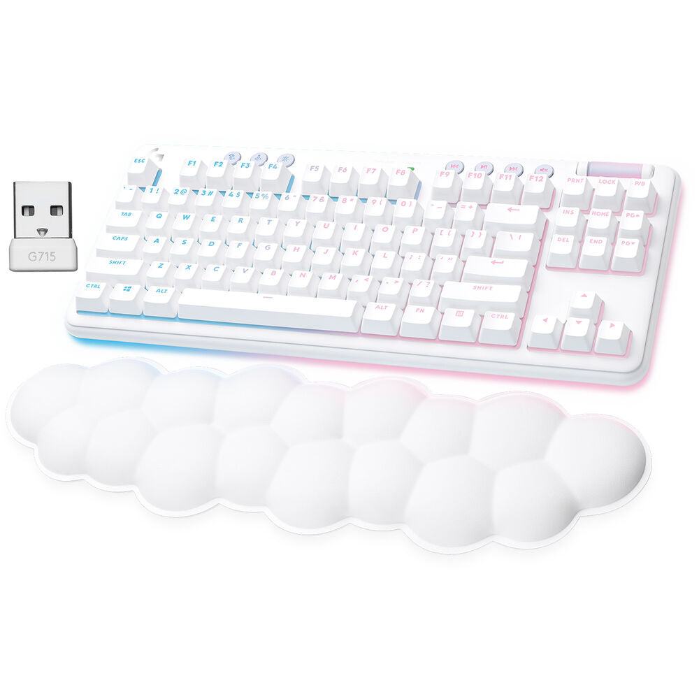 لوحة مفاتيح الألعاب الميكانيكية اللاسلكية Logitech G715 TKL - مفاتيح GX، LIGHTSPEED وبلوتوث، RGB، أغطية مفاتيح PBT، مسند راحة اليد - أبيض ضبابي