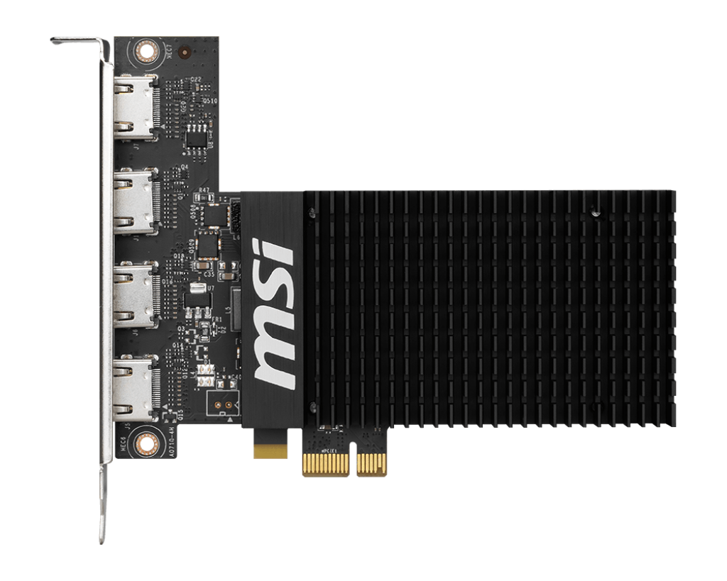 MSI GeForce GT 710 2GD3H LP – NVIDIA GT 710, 2 GB DDR3, PCIe 2.0 x16 (x8), 954 MHz, HDMI 4K@30 Hz, DVI‑D, VGA, Silent Low‑Profile Design