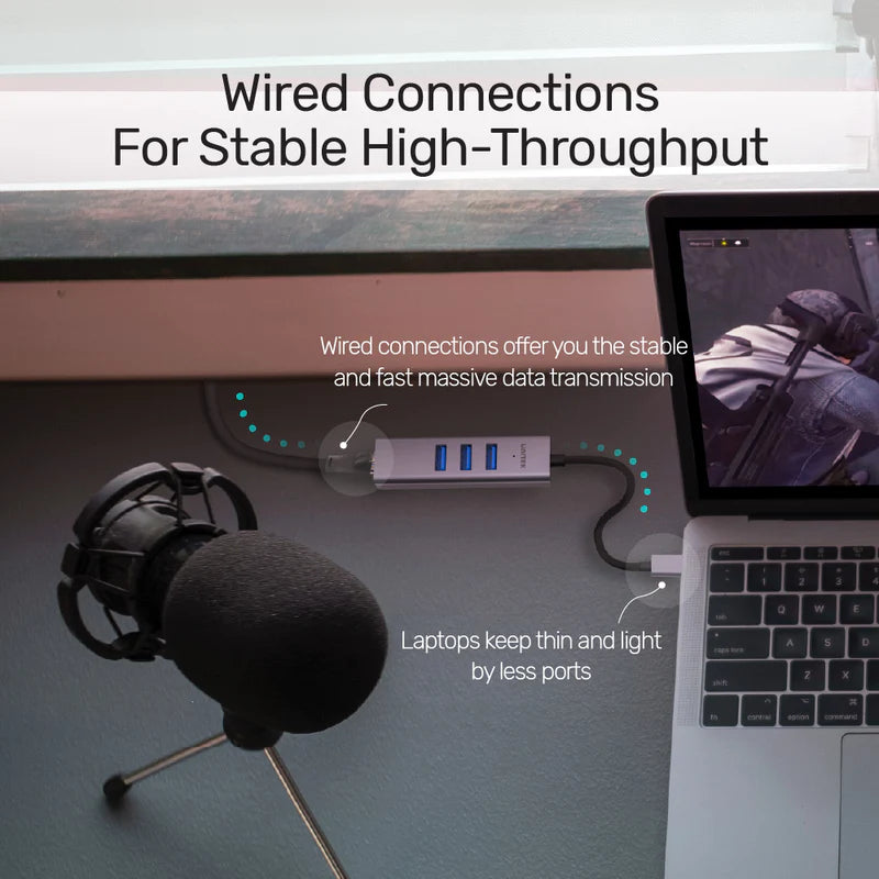 محور UNITEK 4 في 1 متعدد المنافذ يوسع منفذ USB-C واحد إلى محول شبكة LAN إيثرنت 1 جيجابت مع 3 منافذ USB 3.0.