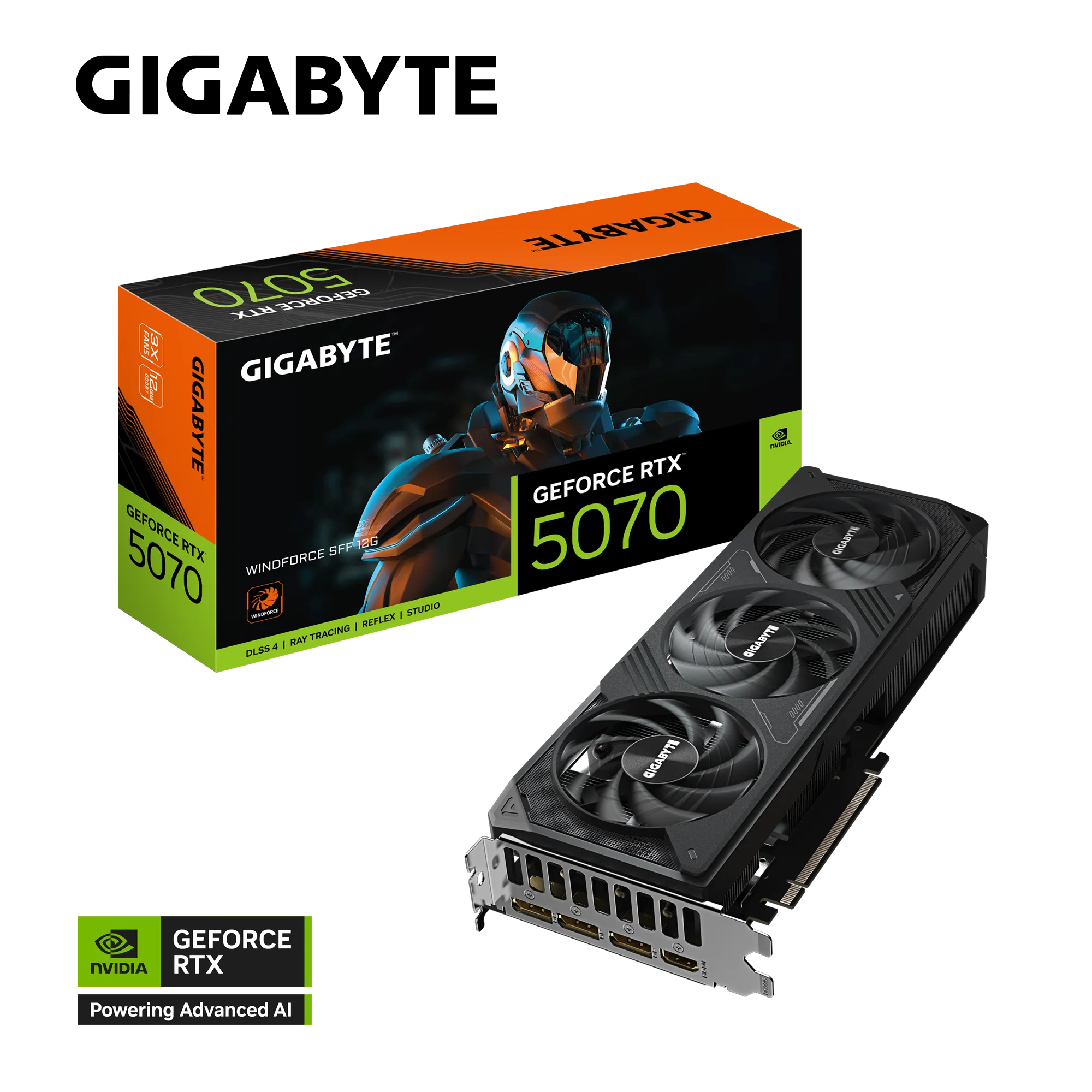 GIGABYTE GeForce RTX 5070 WINDFORCE SFF 12G – 12 GB GDDR7, 192‑bit, PCIe 5.0, DLSS 4, 3×DP 2.1b + HDMI 2.1b, Compact SFF Cooling System