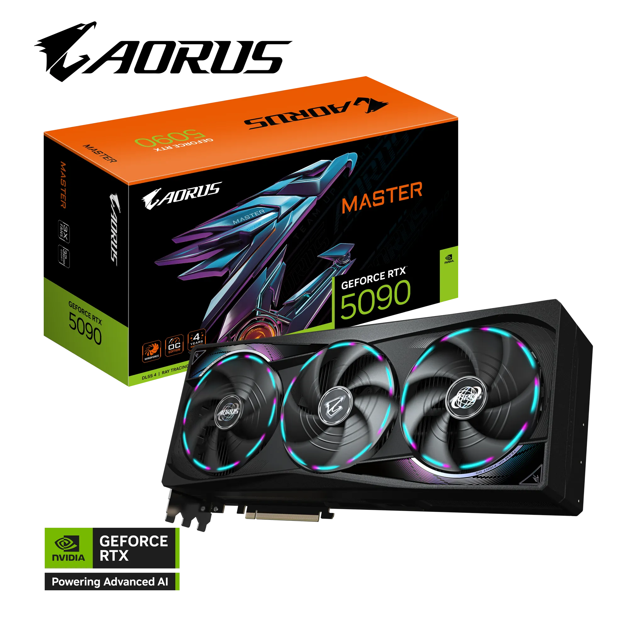 Gigabyte AORUS GeForce RTX 5090 MASTER 32G – Blackwell GPU, 32 GB GDDR7 512-bit, 2,655 MHz Boost, PCIe 5.0, WINDFORCE Cooling, LCD Edge, RGB Halo