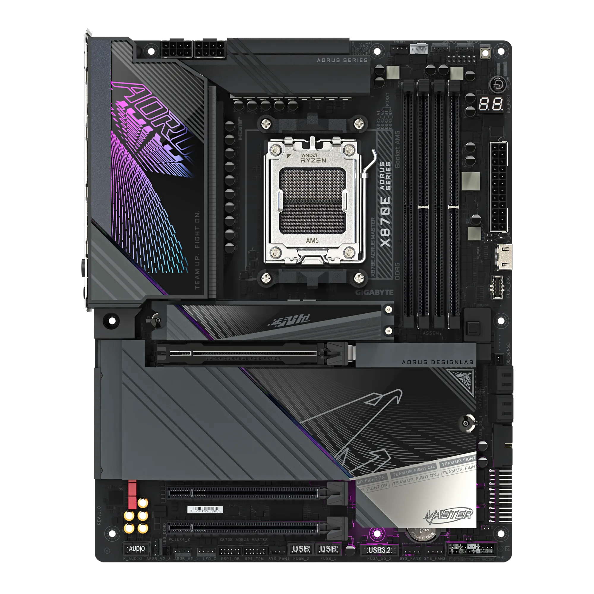 لوحة أم GIGABYTE X870E AORUS MASTER - AM5، DDR5 OC 8600MT/s، PCIe 5.0، USB4، Wi-Fi 7، شبكة LAN 5GbE، M.2 Thermal Guard XL