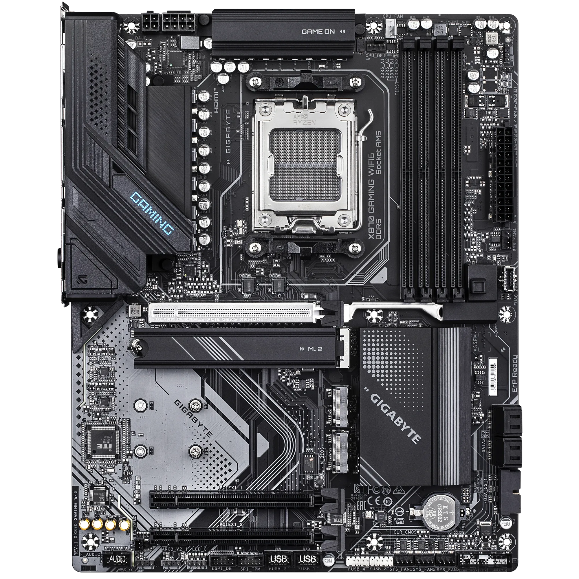 لوحة أم GIGABYTE X870 GAMING WIFI6 ATX - AMD AM5، DDR5، PCIe 5.0، USB4، Wi-Fi 6، شبكة LAN 2.5GbE، EZ-Latch، حماية حرارية M.2
