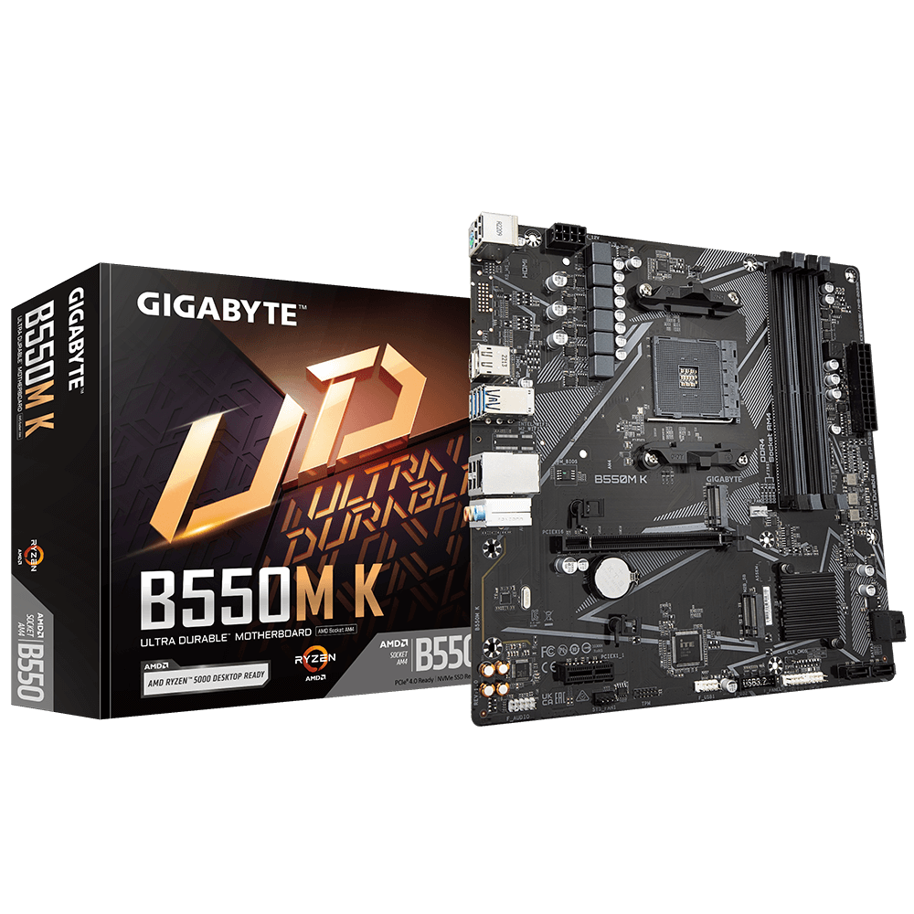 GIGABYTE B550M K (rev. 1.0) Micro-ATX AMD B550 Motherboard – AM4 Socket, Dual M.2 PCIe 4.0/3.0, 4×DDR4 Slots, HDMI & DisplayPort, Gigabit LAN