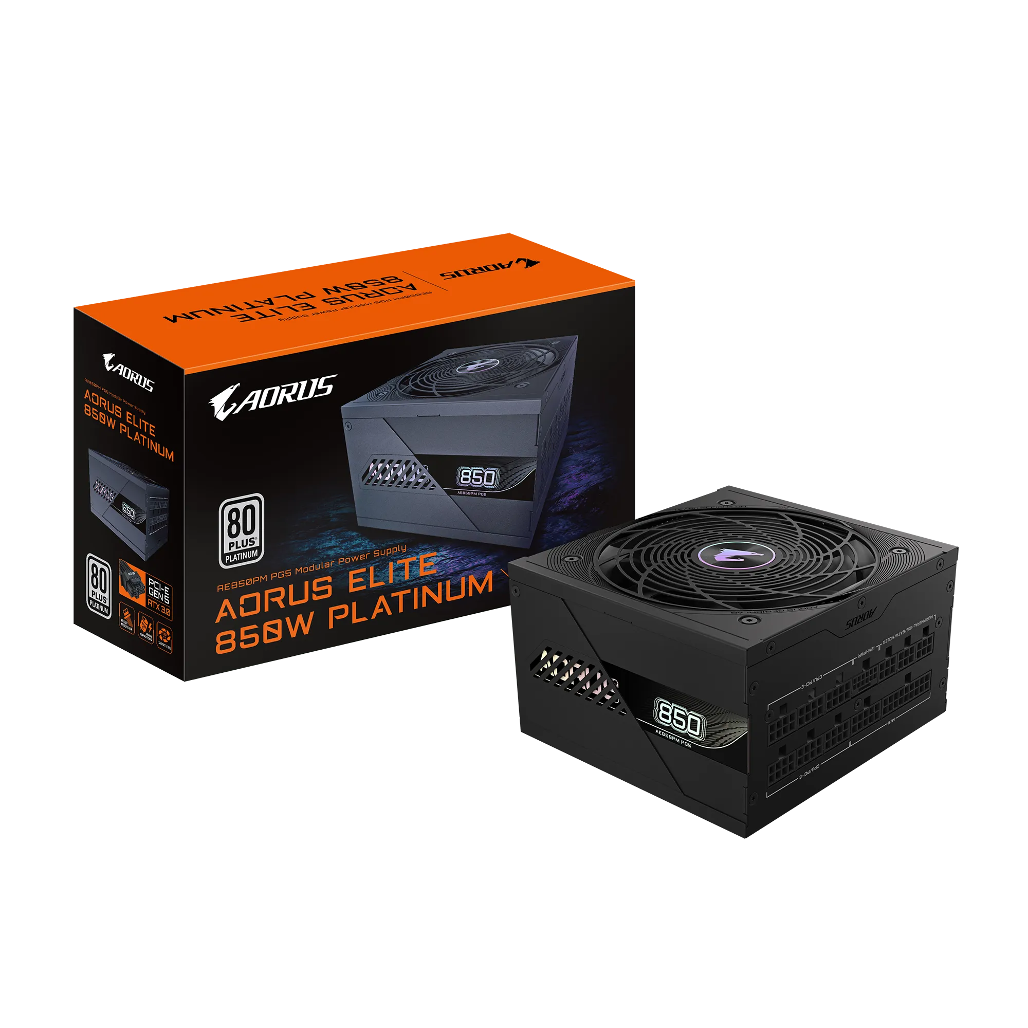 Gigabyte AORUS ELITE 850W GP-AE850PM PG5 ICE – ATX 3.0/3.1 & PCIe 5.0 Ready, 80 Plus Platinum, Fully Modular, 120 mm FDB Fan,
