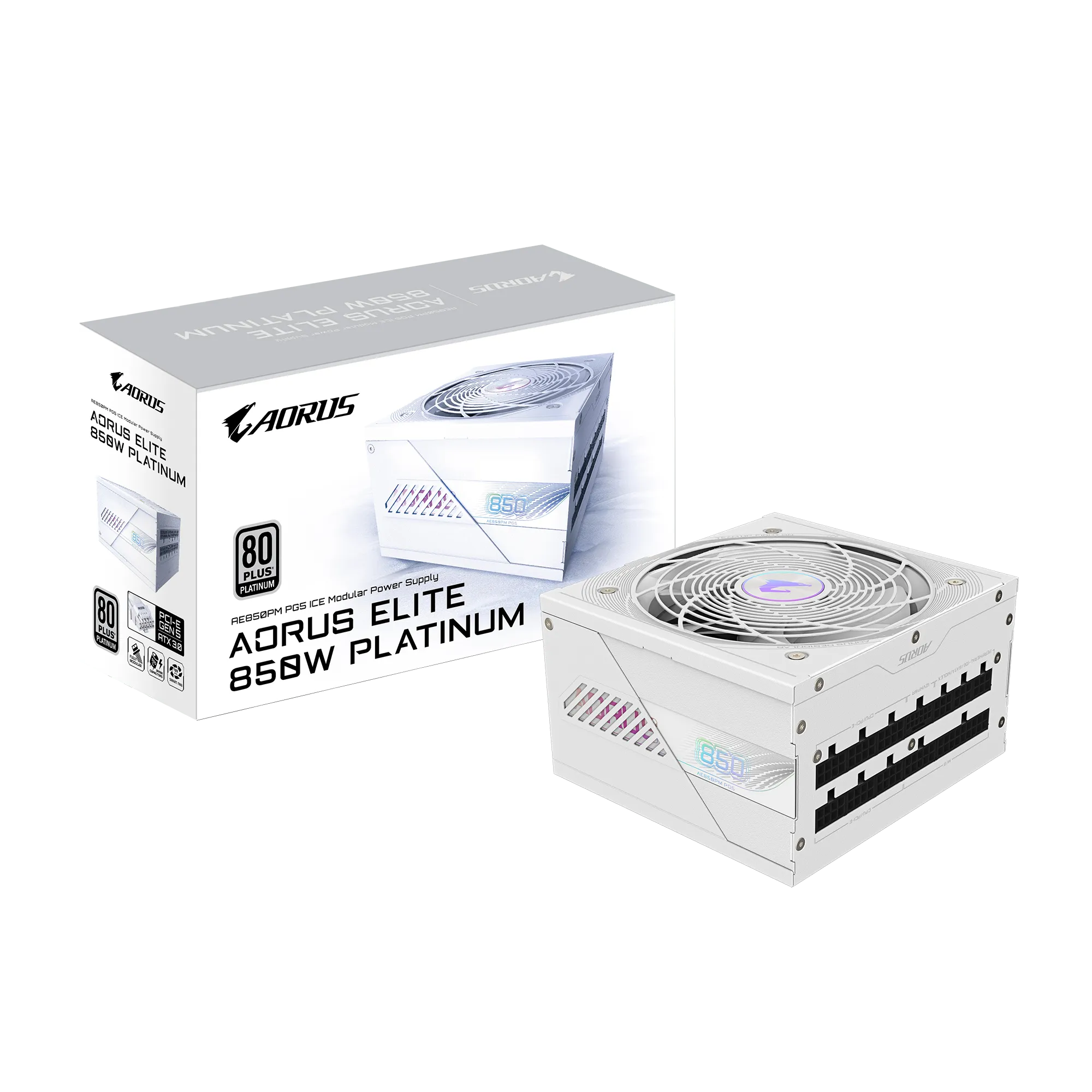 Gigabyte AORUS ELITE 850W GP-AE850PM PG5 ICE – ATX 3.0/3.1 & PCIe 5.0 Ready, 80 Plus Platinum, Fully Modular, 120 mm FDB Fan