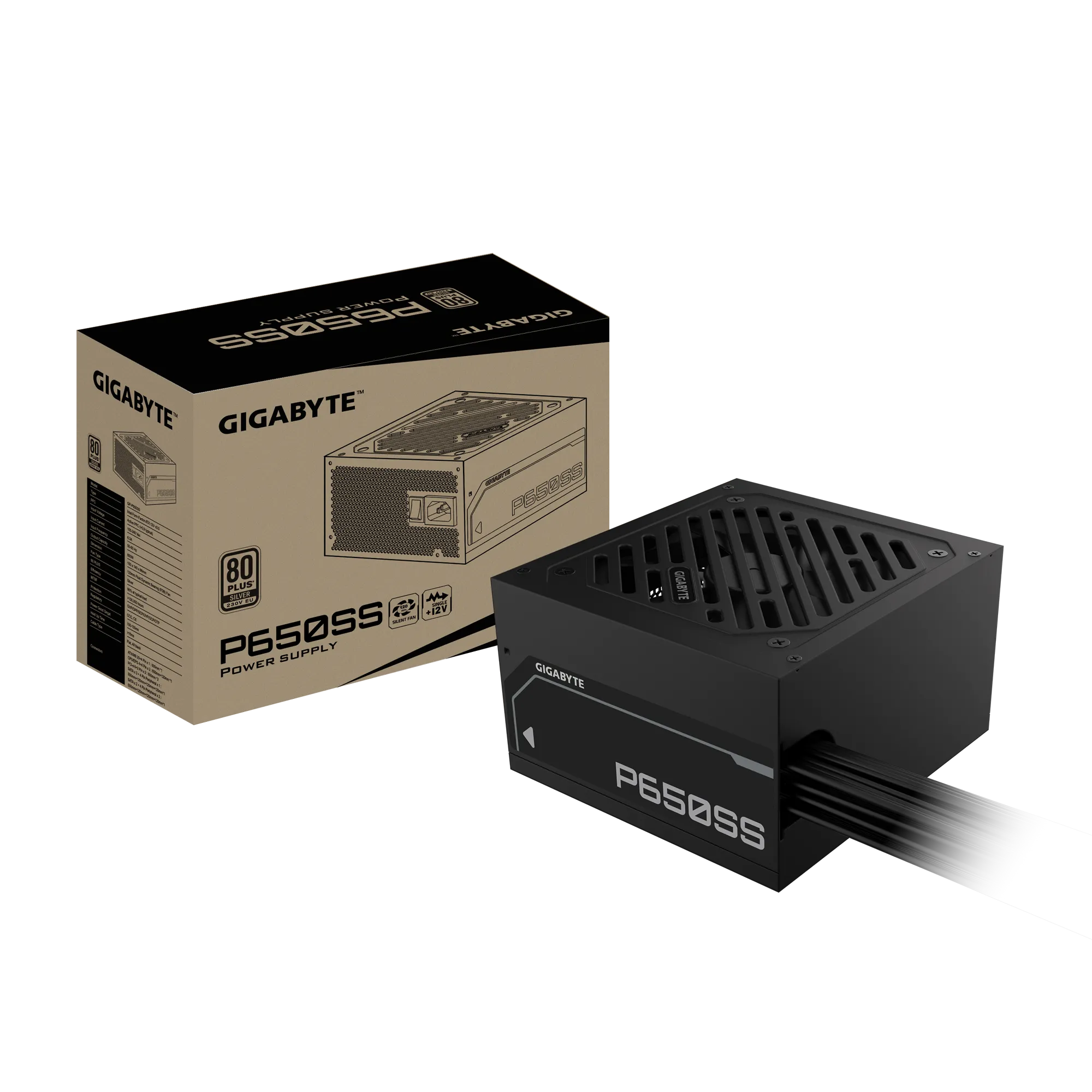 وحدة إمداد الطاقة GIGABYTE GP-P650SS - 650 واط، ATX 3.0/3.1، فضي 80+ (230 فولت أوروبي)، كابلات مسطحة، مروحة FDB
