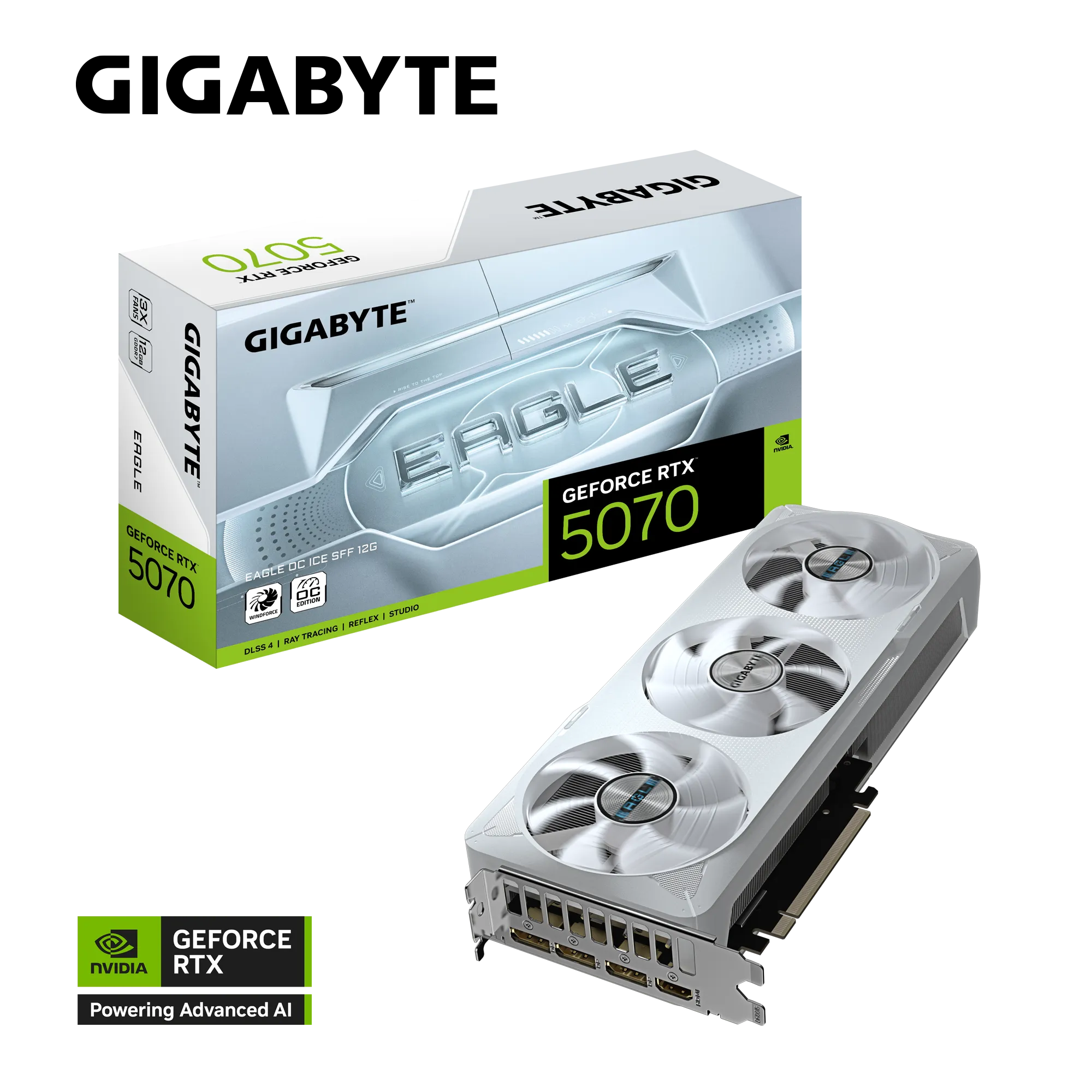Gigabyte GeForce RTX 5070 EAGLE OC ICE SFF – NVIDIA Blackwell, 12 GB GDDR7 (192-bit), 2.587 GHz Boost, WINDFORCE Cooling, PCIe 5.0, RGB