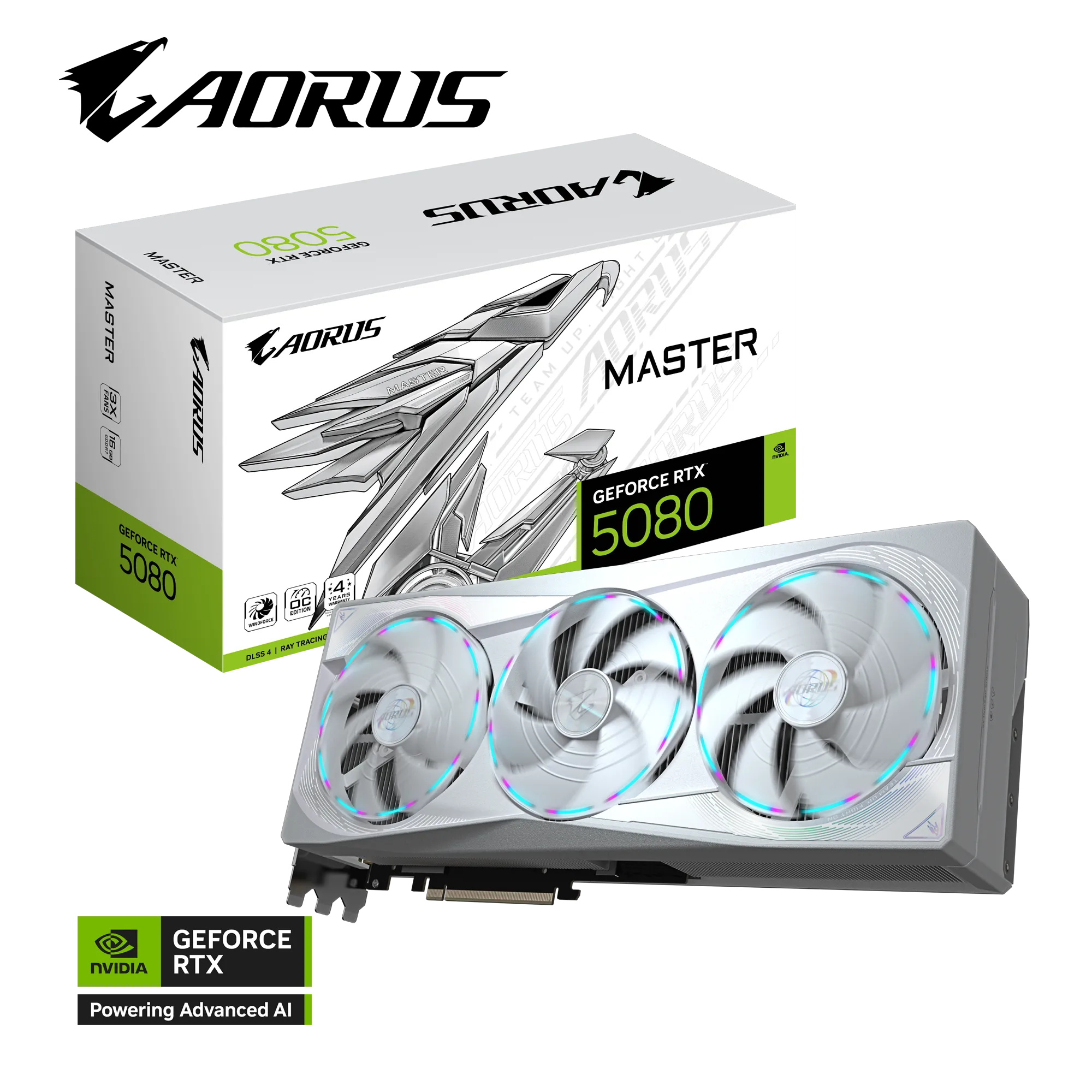 بطاقة رسومات GIGABYTE RTX 5080 AORUS MASTER ICE - ذاكرة GDDR7 سعة 16 جيجابايت، وتردد 2805 ميجاهرتز، وتقنية PCIe 5.0، وتبريد WINDFORCE، وشاشة LCD Edge View، وإضاءة RGB Halo، ونظام BIOS مزدوج