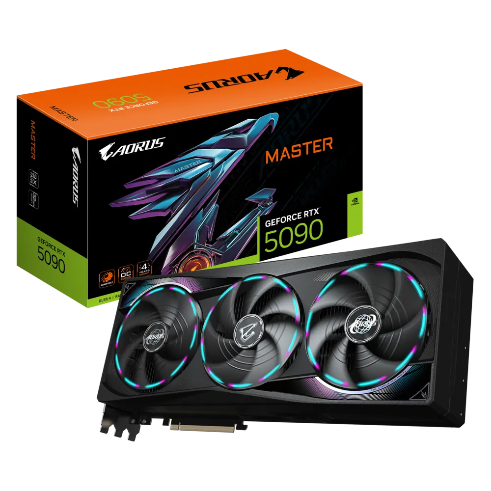Gigabyte AORUS GeForce RTX 5090 MASTER 32G – Blackwell GPU, 32 GB GDDR7 512-bit, 2,655 MHz Boost, PCIe 5.0, WINDFORCE Cooling, LCD Edge, RGB Halo