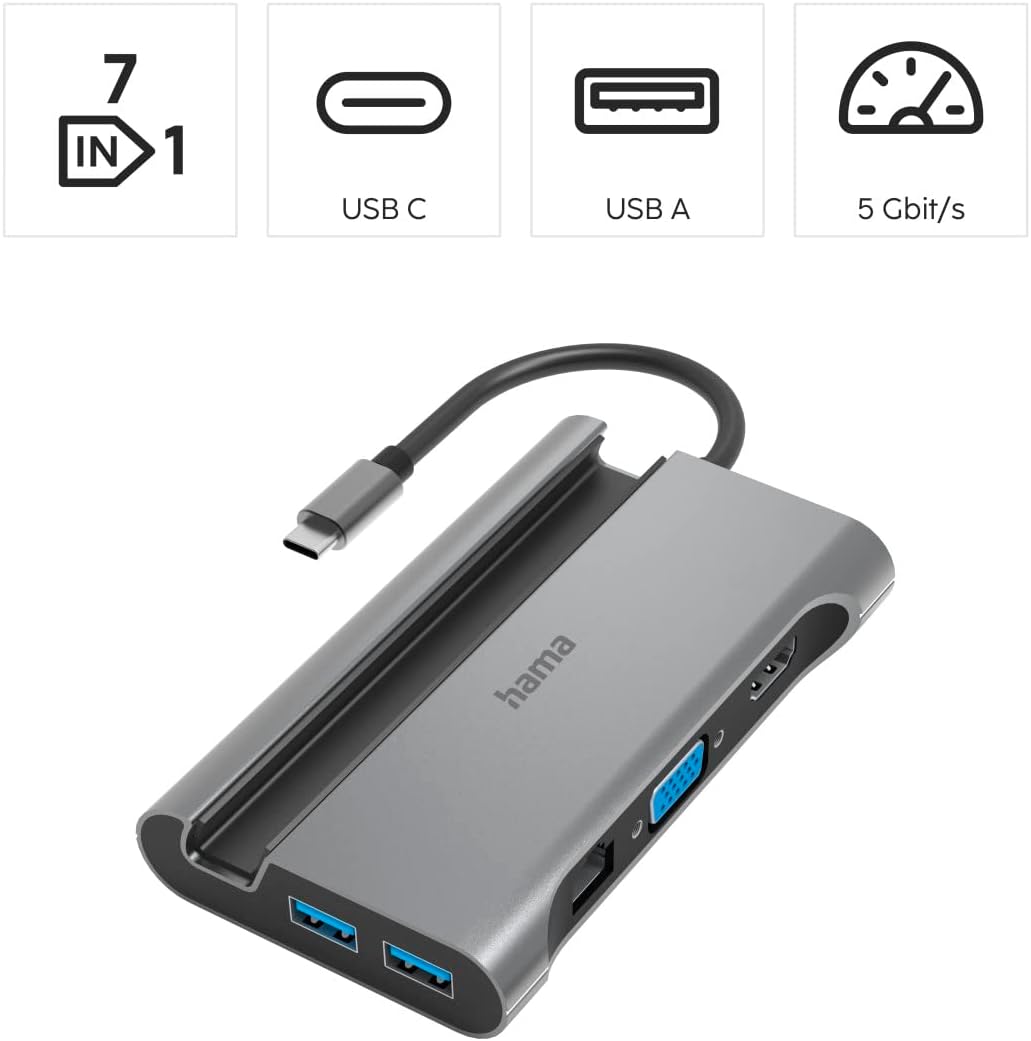 موزع USB-C من Hama 200102، Connect2Mobile، متعدد المنافذ، LANEthernet، 7 منافذ