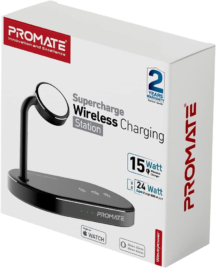 Promate - Multi-Device Wireless Charging Station with Pad Fast Charging 15W Qi Certification - Supercharge 24W USB Port - Apple Watch Charger 5W MFi Certification - WavePower