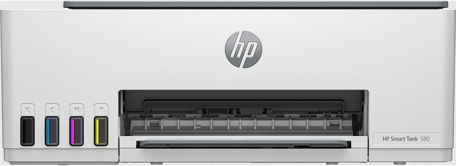 طابعة HP Smart Tank 580 اللاسلكية متعددة الإمكانات، طباعة، مسح ضوئي، نسخ، طباعة حتى 6000 صفحة باللون الأسود أو 6000 صفحة ملونة - أبيض