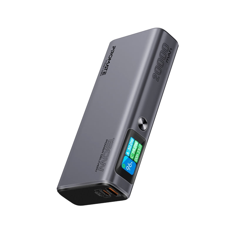 Promate 20,000mAH Power Bank, Super-Slim 130W Power Delivery with Smart TFT LCD Display, Durable Metal Made, Over Charge Protection for USB-C and USB-A Devices.