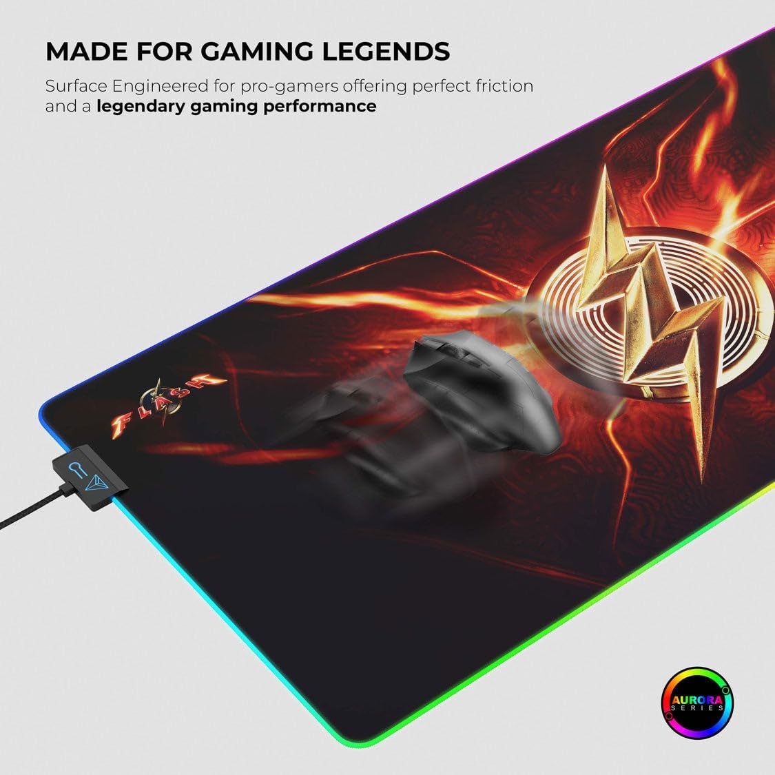 لوحة ماوس الألعاب Cybeart The Flash – ترخيص رسمي من DC، إضاءة RGB، قماش ميكرو منسوج، مقاوم للانسكاب، مقاس XXL 900x400 مم