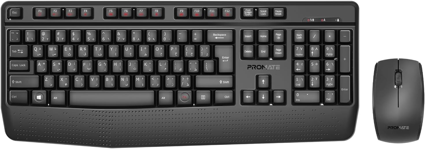 Promate ProCombo-14 Wireless Ergonomic Keyboard & Mouse Combo – 2.4GHz, 1200 DPI, Palm Rest, Media Keys.EN/AR