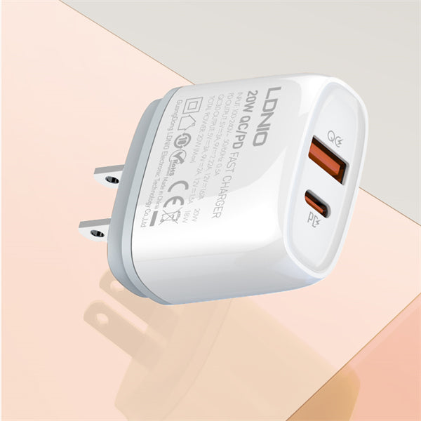 LDNIO Q229 20W PD + QC3.0 Fast Charger – USB-C & USB-A Dual Port, 100-240V Travel Plug, Fireproof Shell