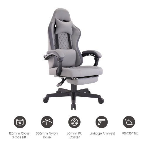 Avetron GC501 Comfy Fabric Gaming Chair – Ergonomic Design, Linkage Armrests, 135° Recline, 120mm Class 3 Gas Lift, 150kg Capacity, Grey
